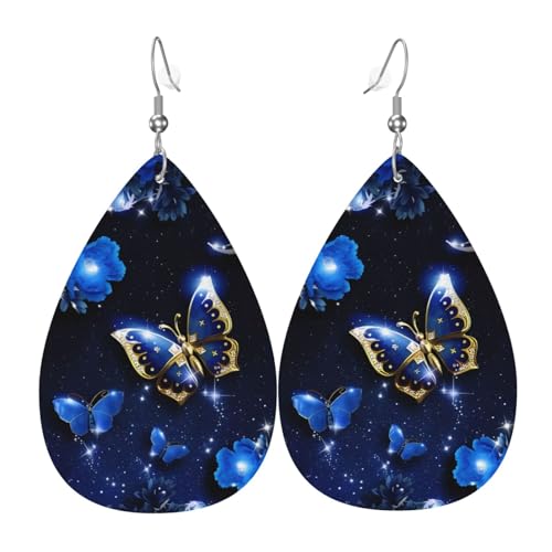 Blauer Schmetterling Druck Leder Ohrringe für Frauen - baumelnde Tropfenohrringe, perfekt für Partys und Kostümzubehör, Einheitsgröße, Leder, kein Edelstein von JaoXer