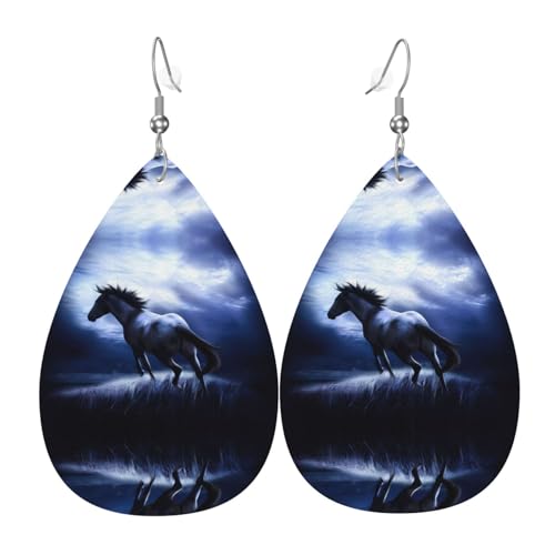 Blue Horse Print Leder Ohrringe für Frauen - baumelnde Tropfenohrringe, perfekt für Partys und Kostümzubehör, Einheitsgröße, Leder, kein Edelstein von JaoXer