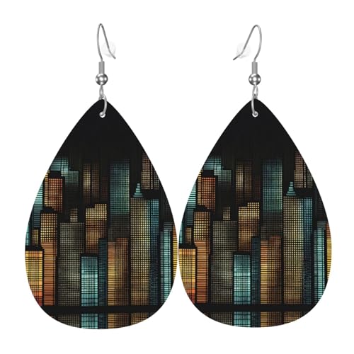 City Lights Print Leder Ohrringe für Frauen - baumelnde Tropfenohrringe, perfekt für Partys und Kostümzubehör, Einheitsgröße, Leder, kein Edelstein von JaoXer
