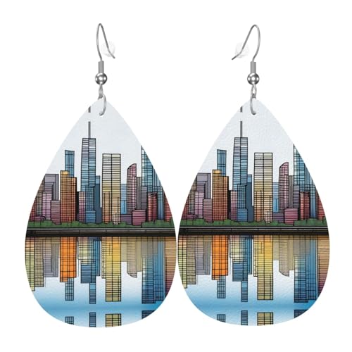 Cityscape Print Leder Ohrringe für Frauen - baumelnde Tropfenohrringe, perfekt für Partys und Kostümzubehör, Einheitsgröße, Leder, kein Edelstein von JaoXer