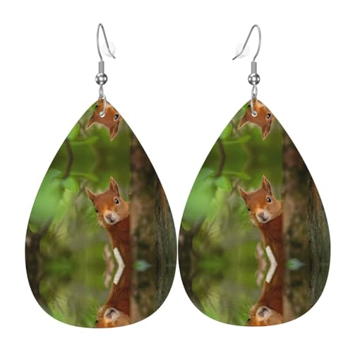Eichhörnchen Druck Leder Ohrringe für Frauen - baumelnde Tropfenohrringe, perfekt für Partys und Kostümzubehör, Einheitsgröße, Leder, kein Edelstein von JaoXer