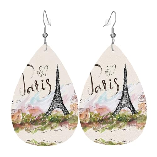 Eiffelturm Druck Leder Ohrringe für Frauen - baumelnde Tropfenohrringe, perfekt für Partys und Kostümzubehör, Einheitsgröße, Leder, kein Edelstein von JaoXer