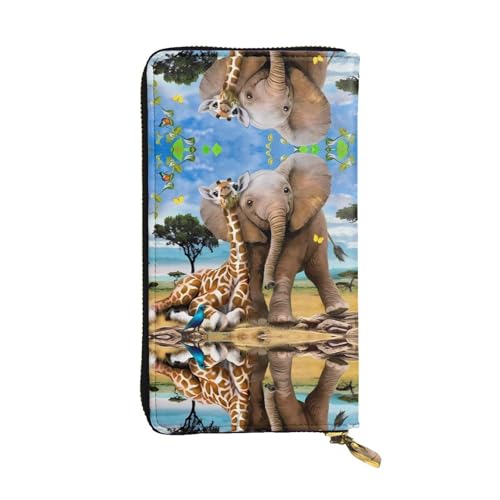 Elefant und Giraffe Druck Leder Lange Clutch Geldbörse für Frauen - Mode mit mehreren Kartenfächern, Münzfach, Schwarz, Einheitsgröße Elefant und Giraffe Druck Leder Lange Clutch Geldbörse für Frauen - Mode mit mehreren Kartenfächern, Münzfach, Schwarz, Einheitsgröße von JaoXer