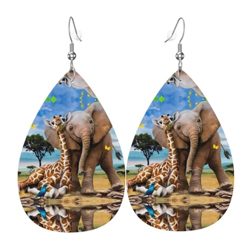 Elefant und Giraffe Druck Leder Ohrringe für Frauen - baumelnde Tropfenohrringe, perfekt für Partys und Kostümzubehör, Einheitsgröße, Leder, kein Edelstein von JaoXer