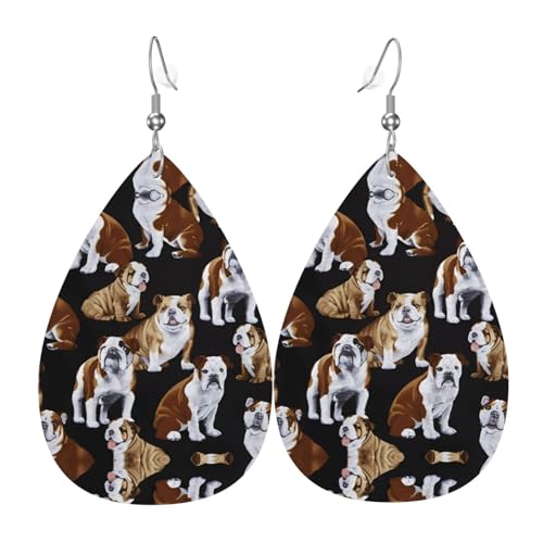 Englische Bulldoggen Druck Leder Ohrringe für Frauen - baumelnde Tropfenohrringe, perfekt für Partys und Kostümzubehör, Einheitsgröße, Leder, kein Edelstein Englische Bulldoggen Druck Leder Ohrringe für Frauen - baumelnde Tropfenohrringe, perfekt für Partys und Kostümzubehör, Einheitsgröße, Leder, kein Edelstein von JaoXer