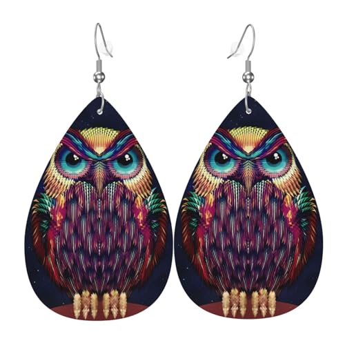 Eulenmuster Druck Leder Ohrringe für Frauen - baumelnde Tropfenohrringe, perfekt für Partys und Kostümzubehör, Einheitsgröße, Leder, kein Edelstein von JaoXer