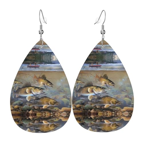 Fischersee Fischerdruck Leder Ohrringe für Frauen - baumelnde Tropfenohrringe, perfekt für Partys und Kostümzubehör, Einheitsgröße, Leder, kein Edelstein von JaoXer