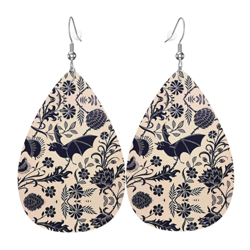 Fledermausmuster Druck Leder Ohrringe für Frauen - baumelnde Tropfenohrringe, perfekt für Partys und Kostümzubehör, Einheitsgröße, Leder, kein Edelstein von JaoXer