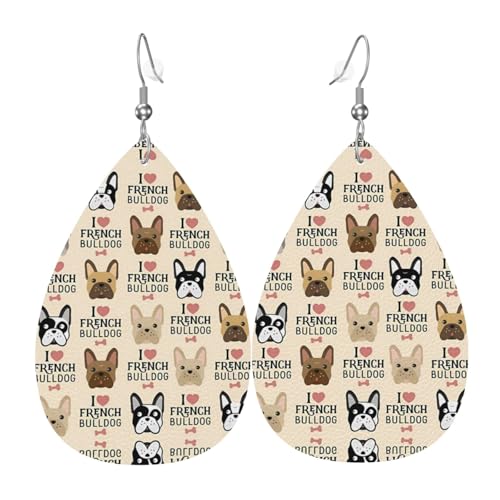 Französische Bulldogge Druck Leder Ohrringe für Frauen - baumelnde Tropfenohrringe, perfekt für Partys und Kostümzubehör, Einheitsgröße, Leder, kein Edelstein von JaoXer