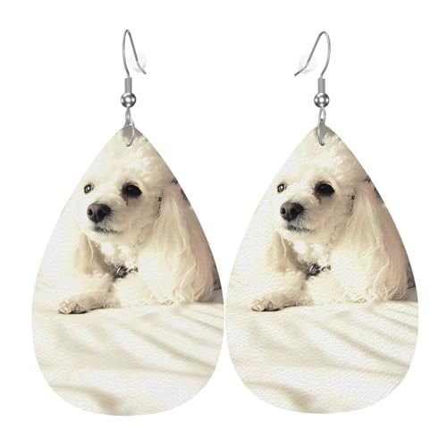 Französischer Pudel-Druck Leder-Ohrringe für Frauen – baumelnde Tropfenohrringe, perfekt für Partys und Kostümzubehör, Einheitsgröße, Leder, kein Edelstein von JaoXer