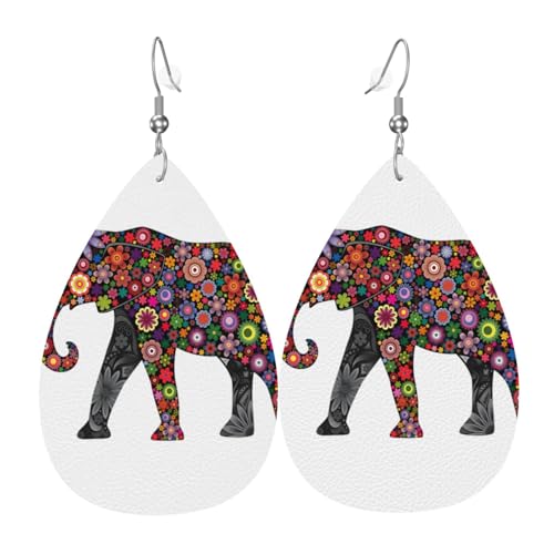 Fröhliche Elefanten-Druck Leder-Ohrringe für Frauen - baumelnde Tropfenohrringe, perfekt für Partys und Kostümzubehör, Einheitsgröße, Leder, kein Edelstein von JaoXer