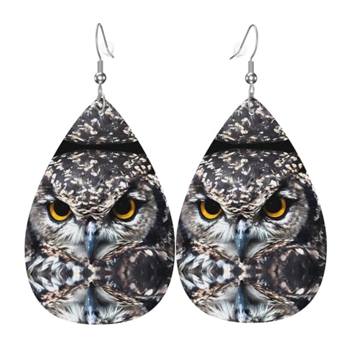 Gelbe Augen Eule Druck Leder Ohrringe für Frauen - baumelnde Tropfenohrringe, perfekt für Partys und Kostümzubehör, Einheitsgröße, Leder, kein Edelstein von JaoXer