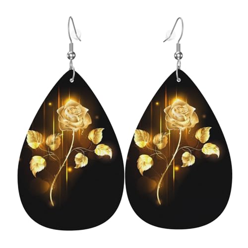 Gold Rose Print Leder Ohrringe für Frauen - baumelnde Tropfenohrringe, perfekt für Partys und Kostümzubehör, Einheitsgröße, Leder, kein Edelstein von JaoXer