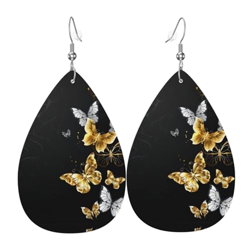 Gold Weiß Schmetterlinge Schwarz Druck Leder Ohrringe für Frauen - baumelnde Tropfenohrringe, perfekt für Partys und Kostümzubehör, Einheitsgröße, Leder, kein Edelstein Gold Weiß Schmetterlinge Schwarz Druck Leder Ohrringe für Frauen - baumelnde Tropfenohrringe, perfekt für Partys und Kostümzubehör, Einheitsgröße, Leder, kein Edelstein von JaoXer
