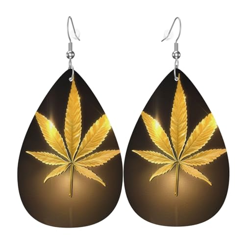 Goldene Cannabis Druck Leder Ohrringe für Frauen - baumelnde Tropfenohrringe, perfekt für Partys und Kostümzubehör, Einheitsgröße, Leder, kein Edelstein von JaoXer