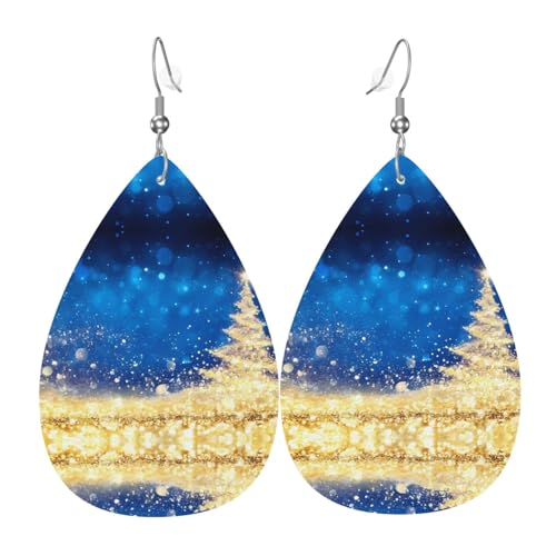Goldene Glitzer Weihnachtsbaum Druck Leder Ohrringe für Frauen - baumelnde Tropfenohrringe, perfekt für Partys und Kostümzubehör, Einheitsgröße, Leder, kein Edelstein von JaoXer