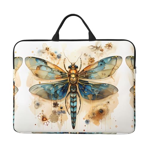 Goldene zarte Libelle auf gelbem Hintergrund, 35,6 cm (14 Zoll) Laptoptasche, tragbarer Griff, Geschäftsreisen, Zubehörtasche für Notebook, Tablet von JaoXer