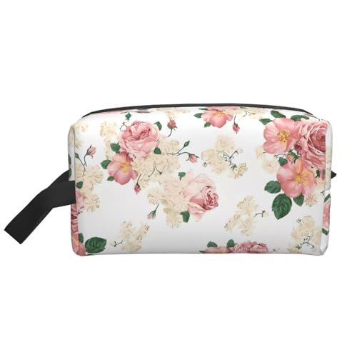 Große Reise-Kosmetiktasche - Wiederverwendbare rosa Rose Blume mit Blättern Druck Dopp Kit für Toilettenartikel, tragbarer Organizer für Männer und Frauen, weiß, Einheitsgröße Große Reise-Kosmetiktasche - Wiederverwendbare rosa Rose Blume mit Blättern Druck Dopp Kit für Toilettenartikel, tragbarer Organizer für Männer und Frauen, weiß, Einheitsgröße von JaoXer
