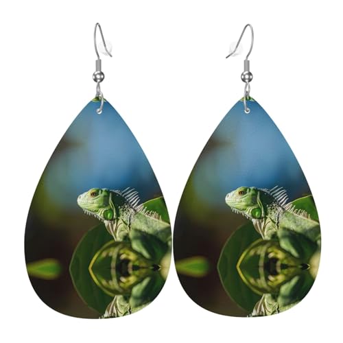 Grüne Eidechse Druck Leder Ohrringe für Frauen - baumelnde Tropfenohrringe, perfekt für Partys und Kostümzubehör, Einheitsgröße, Leder, kein Edelstein von JaoXer