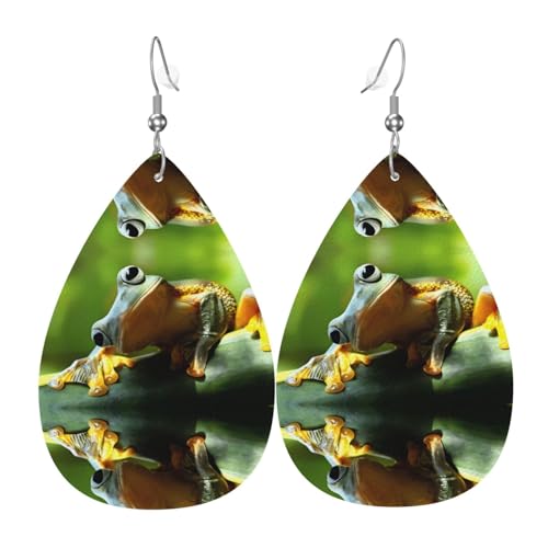 Grüner Froschdruck Leder Ohrringe für Frauen - baumelnde Tropfenohrringe, perfekt für Partys und Kostümzubehör, Einheitsgröße, Leder, kein Edelstein von JaoXer