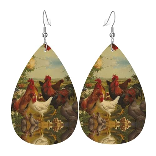 Hühner und Bauernhof Druck Leder Ohrringe für Frauen - baumelnde Tropfenohrringe, perfekt für Partys und Kostümzubehör, Einheitsgröße, Leder, kein Edelstein von JaoXer