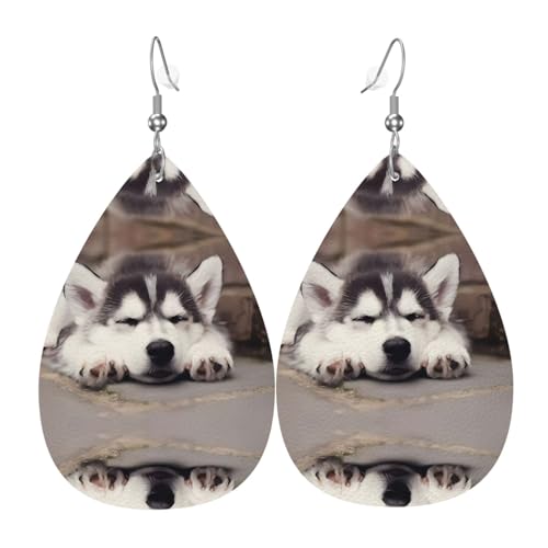 Husky Dog Print Leder Ohrringe für Frauen - baumelnde Tropfenohrringe, perfekt für Partys und Kostümzubehör, Einheitsgröße, Leder, kein Edelstein von JaoXer