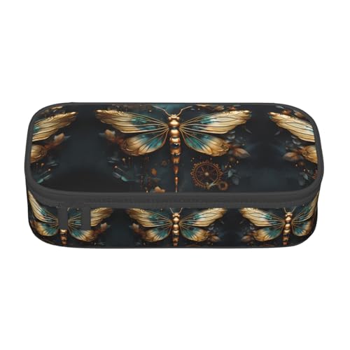 JaoXer Federmäppchen mit Deutschlandflaggen-Druck, Mehrzweck-Organizer, tragbare Schreibwarentasche für Schule, Büro und Reisen, Goldfarbene zarte Libellenblüte, Einheitsgröße, Druck von JaoXer