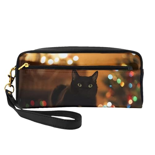 JaoXer Wiederverwendbare Kosmetik-Make-up-Tasche – Reise-Kulturbeutel, vollständiges Design, Weihnachten, schwarze Katze, Ledertasche für Damen, schwarz, Einheitsgröße von JaoXer