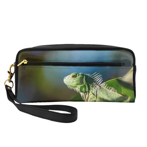 JaoXer Wiederverwendbare Kosmetik-Make-up-Tasche – Reise-Kulturbeutel, vollständiges Design, grüne Eidechsen-Druck, Ledertasche für Damen, schwarz, Einheitsgröße von JaoXer