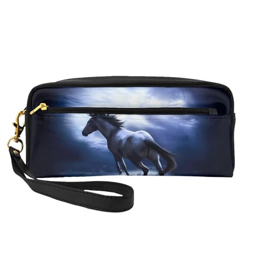 JaoXer Wiederverwendbare Kosmetiktasche – Reise-Kulturbeutel, komplettes Design, blaues Pferde-Druck, Ledertasche für Damen, schwarz, Einheitsgröße von JaoXer