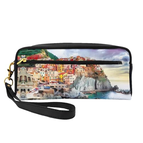 JaoXer Wiederverwendbare Kosmetiktasche – Reise-Kulturbeutel, vollständiges Design, Cinque Terre Landschaft, bedruckt, Ledertasche für Damen von JaoXer