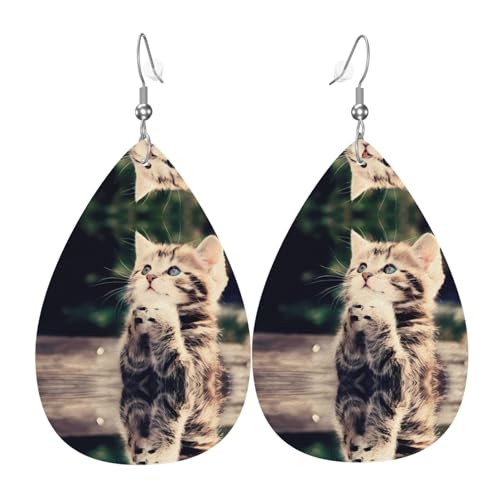 Katze Druck Leder Ohrringe für Frauen - baumelnde Tropfenohrringe, perfekt für Partys und Kostümzubehör, Einheitsgröße, Leder, kein Edelstein von JaoXer