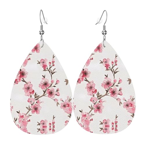 Kirschblüten Druck Leder Ohrringe für Frauen - baumelnde Tropfenohrringe, perfekt für Partys und Kostümzubehör, Einheitsgröße, Leder, kein Edelstein von JaoXer