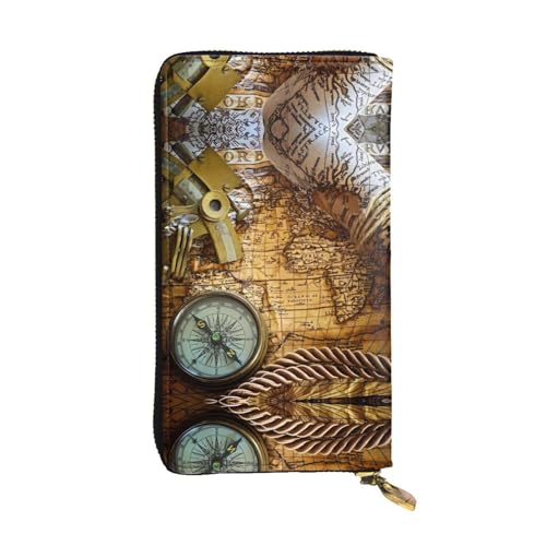 Kompass und alte Weltkarte Druck Leder Lange Clutch Geldbörse für Frauen - Mode mit mehreren Kartenfächern, Münzfach von JaoXer