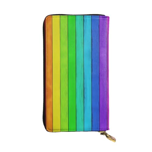 Lange Clutch-Geldbörse aus Leder in Regenbogenfarben mit Holzhintergrund für Damen – modisch mit mehreren Kartenfächern, Münzfach von JaoXer
