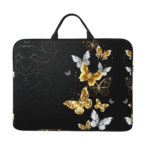 Laptoptasche mit 35,6 cm (14 Zoll) – goldfarbene, weiße Schmetterlinge, schwarzes Volldruck-Design, ideal für Geschäftsreisen und den täglichen Pendler von JaoXer