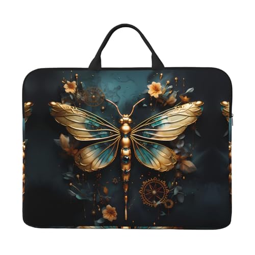 Laptoptasche mit Libellen-Motiv, 35,6 cm (14 Zoll), goldfarben, tragbarer Griff, Geschäftsreisen, Zubehörtasche für Notebook, Tablet von JaoXer