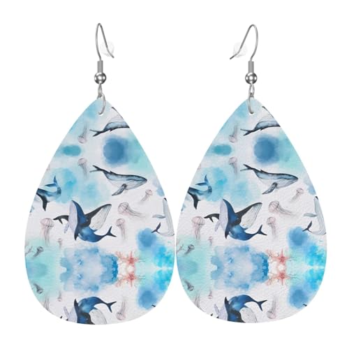 Meerwal und Quallen Druck Leder Ohrringe für Frauen - baumelnde Tropfenohrringe, perfekt für Partys und Kostümzubehör, Einheitsgröße, Leder, kein Edelstein von JaoXer