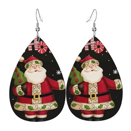 Merry Christmas Print Leder Ohrringe für Frauen - baumelnde Tropfenohrringe, perfekt für Partys und Kostümzubehör, Einheitsgröße, Leder, kein Edelstein von JaoXer