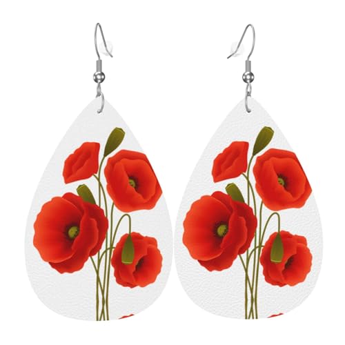 Mohnblumen Druck Leder Ohrringe für Frauen - baumelnde Tropfenohrringe, perfekt für Partys und Kostümzubehör, Einheitsgröße, Leder, kein Edelstein von JaoXer