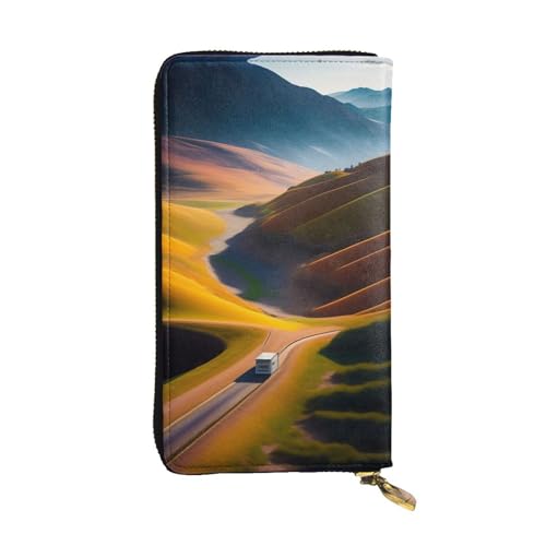 Mountain Road Print Leder Lange Clutch Geldbörse für Damen - Mode mit mehreren Kartenfächern, Münzfach, Schwarz, Einheitsgröße von JaoXer