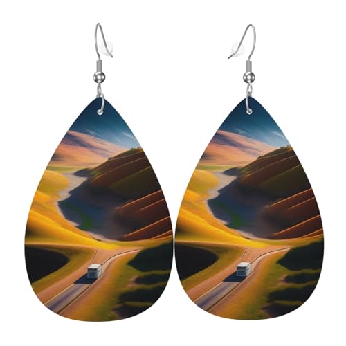 Mountain Road Print Leder Ohrringe für Frauen - baumelnde Tropfenohrringe, perfekt für Partys und Kostümzubehör, Einheitsgröße, Leder, kein Edelstein von JaoXer