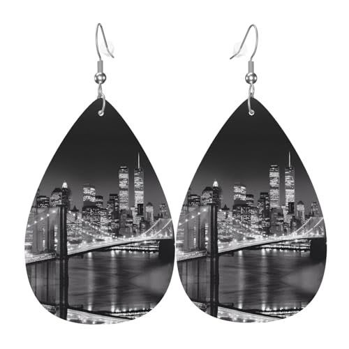 New York Print Leder Ohrringe für Frauen - baumelnde Tropfenohrringe, perfekt für Partys und Kostümzubehör, Einheitsgröße, Leder, kein Edelstein von JaoXer