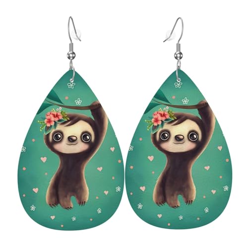 Niedliche Faultier-Druck Lederohrringe für Frauen - baumelnde Tropfenohrringe, perfekt für Partys und Kostümzubehör, Einheitsgröße, Leder, kein Edelstein von JaoXer