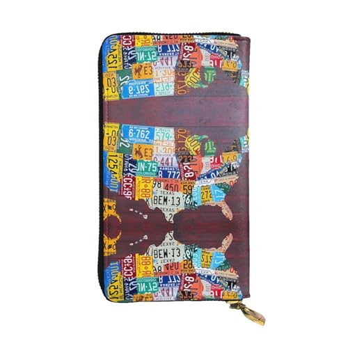 Nummernschild Karte Druck Leder Lange Clutch Geldbörse für Frauen - Mode mit mehreren Kartenfächern, Münzfach, Schwarz, Einheitsgröße von JaoXer