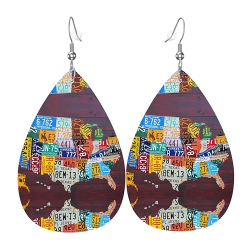 Nummernschild Karte Druck Leder Ohrringe für Frauen - baumelnde Tropfenohrringe, perfekt für Partys und Kostümzubehör, Einheitsgröße, Leder, kein Edelstein von JaoXer