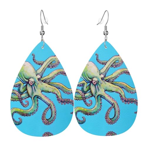Oktopus Design Druck Leder Ohrringe für Frauen - baumelnde Tropfenohrringe, perfekt für Partys und Kostümzubehör, Einheitsgröße, Leder, kein Edelstein von JaoXer