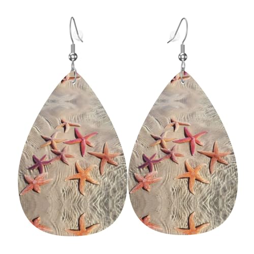 Ozean Seestern Druck Leder Ohrringe für Frauen - baumelnde Tropfenohrringe, perfekt für Partys und Kostümzubehör, Einheitsgröße, Leder, kein Edelstein von JaoXer