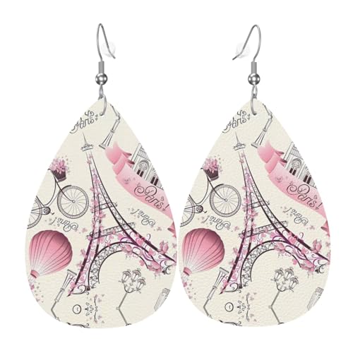 Paris Eiffelturm Blumendruck Leder Ohrringe für Frauen - baumelnde Tropfenohrringe, perfekt für Partys und Kostümzubehör, Einheitsgröße, Leder, kein Edelstein von JaoXer