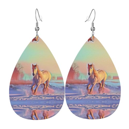 Pferde-Druck Leder Ohrringe für Frauen - baumelnde Tropfenohrringe, perfekt für Partys und Kostümzubehör, Einheitsgröße, Leder, kein Edelstein von JaoXer